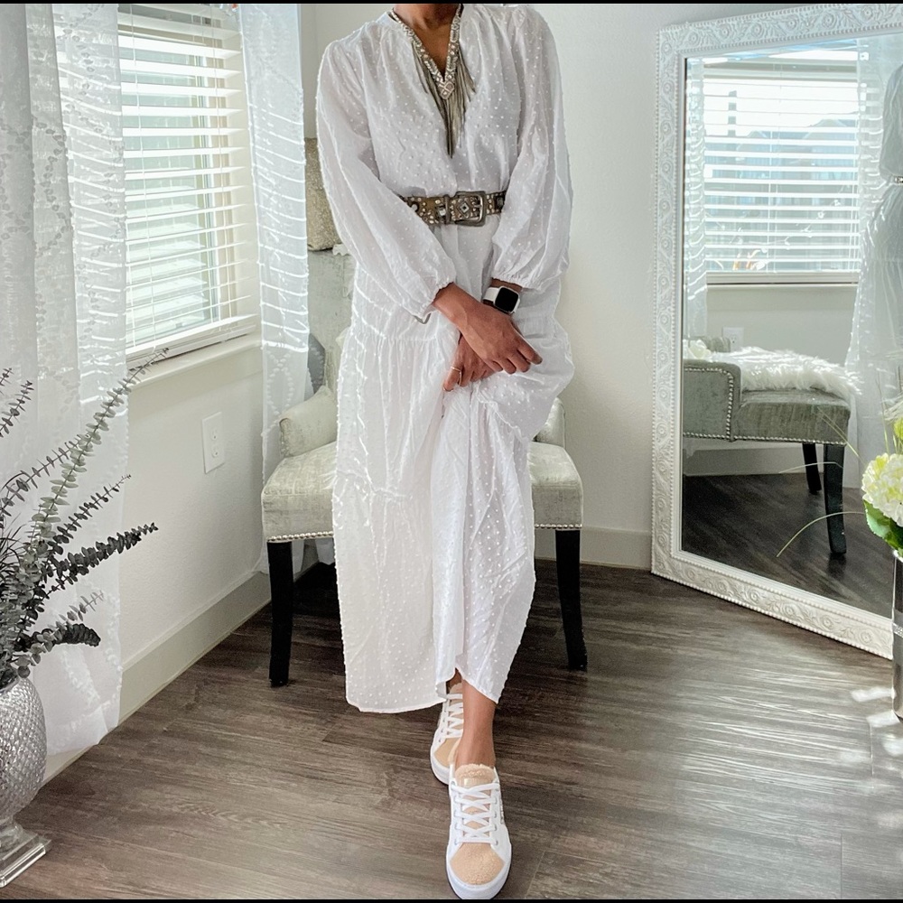 White Dotted Long Sleeve Maxi Dress Medium